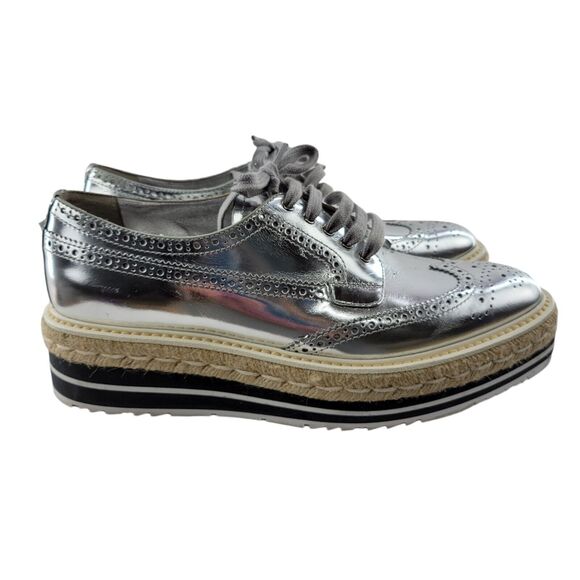 Prada Shoes Women 9 39 Platform Oxfords Brogue Espadrille Metallic Silver FLAWED - Picture 1 of 14